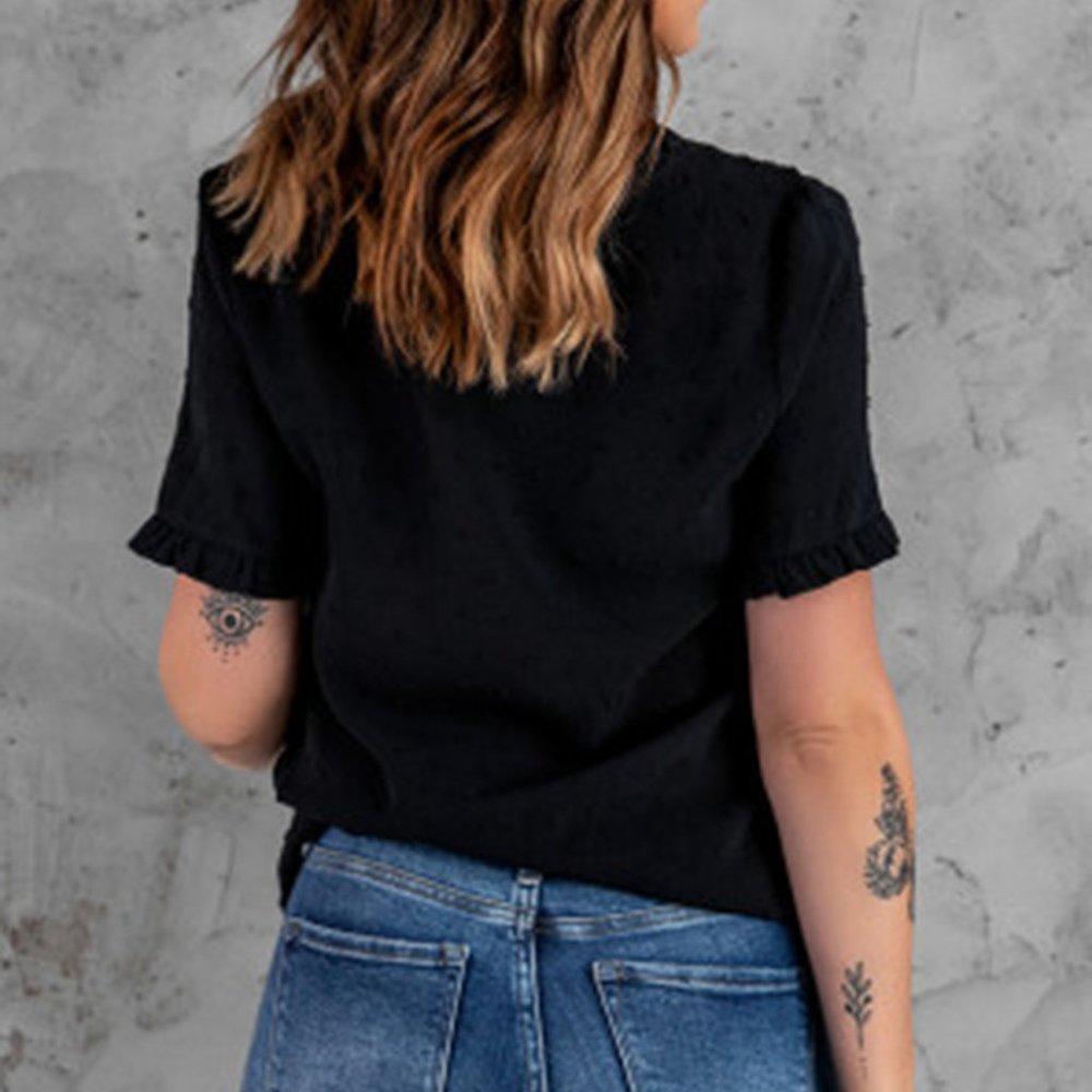 Black Swiss Dot Short Sleeve V Neck Top - Picture 2 of 5